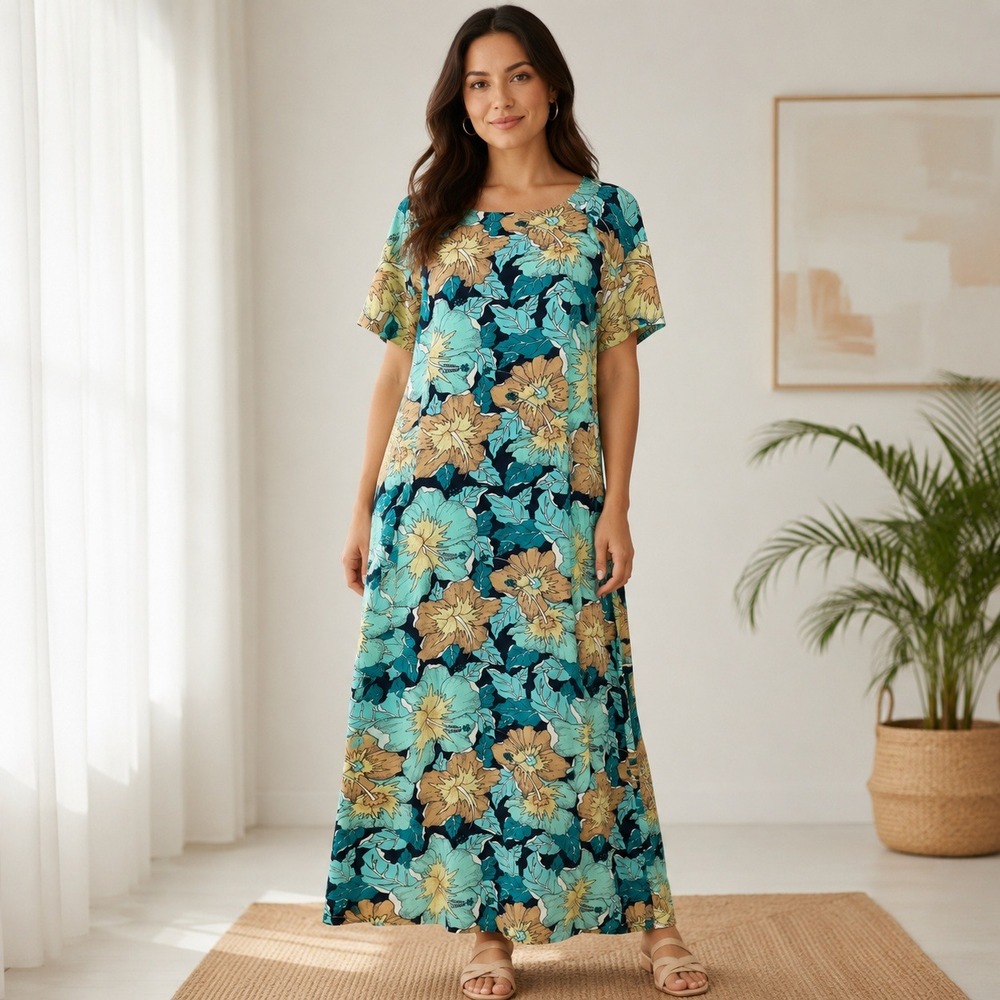 Rainbow Jo Maui Hawaii Womens Small Rayon‎ Hibiscus Floral Maxi Dress Teal Tan